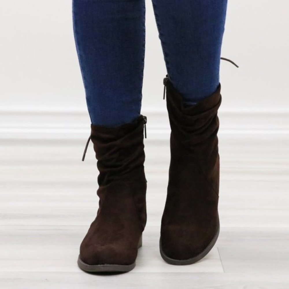 Brown Round Toe Suede Ankle Booties With Lace Back - Picture 11 of 15